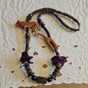 Handmade Wooden Bead Necklace with Purple Flower Accents